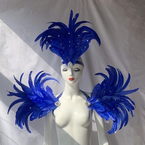 Sapphire Blue Carnival Feather Headpiece/Crystals Headpiece/custom carnival headdress/Crystals Shoulder