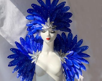 Adereço de cabeça de penas de carnaval/Adereço de cabeça de cristais/Cocar de carnaval personalizado/Ombro de cristais