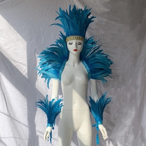 4-tone Lake Blue Feather Shawl, Showgirl Feather Shawl ,Carnival  Costume Feather Ankle Cuff,Rooster Feather Warp,Feather Top