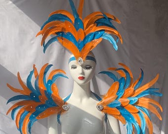 Adereço de cabeça de penas de carnaval/Adereço de cabeça de cristais/Cocar de carnaval personalizado/Ombro de cristais