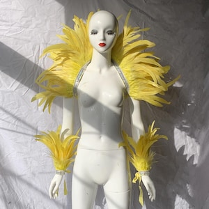 Pode incluir: Um traje de penas amarelas com uma gola grande e punhos combinando. O traje é feito de penas macias e fofas e é perfeito para um carnaval ou uma festa.