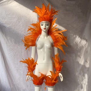 Op de afbeelding: Oranje verenhoofdtooi en schouderstukken met een bijpassend set arm- en beenstukken. De hoofdtooi heeft een zilveren band met een decoratief ontwerp.
