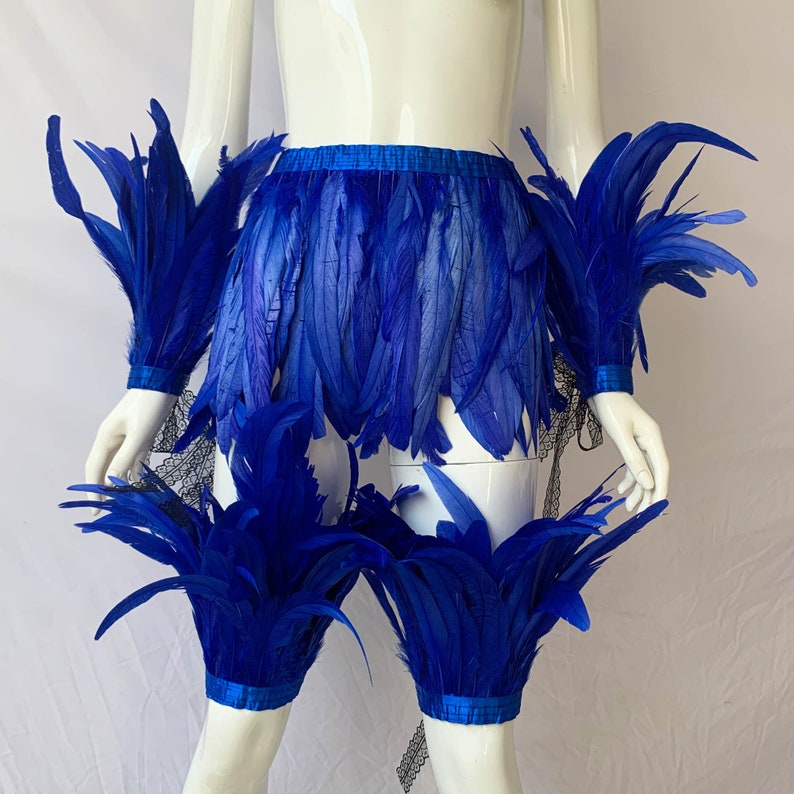 Couleur 4 tons, châle en plumes bleu showgirl, haussement d'épaules en plumes pour costume de carnaval, chaîne en plumes de coq, haut en plumes image 6