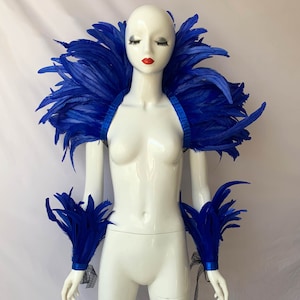 Couleur 4 tons, châle en plumes bleu showgirl, haussement d'épaules en plumes pour costume de carnaval, chaîne en plumes de coq, haut en plumes shawl+wrist cuff