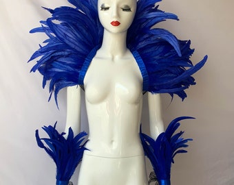 Couleur 4 tons, châle en plumes bleu showgirl, haussement d'épaules en plumes pour costume de carnaval, chaîne en plumes de coq, haut en plumes