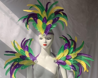 Adereço de cabeça de penas de carnaval/Adereço de cabeça de cristais/Cocar de carnaval personalizado/Ombro de cristais