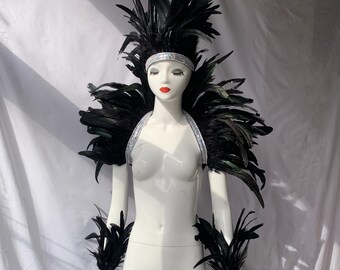 May include: A mannequin displays a black feather costume. The costume includes a feathered headdress, shoulder piece, arm cuffs, and a headband, all adorned with silver rhinestones. The feathers are a deep black.