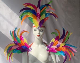Enfeite de cabeça de penas coloridas de carnaval/enfeite de cabeça de cristais/enfeite de cabeça de carnaval personalizado/ombro de cristais