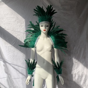 May include: Green feather headdress, shoulder pieces, and arm cuffs. The headdress has a silver headband with rhinestones. The shoulder pieces and arm cuffs are attached with silver straps.