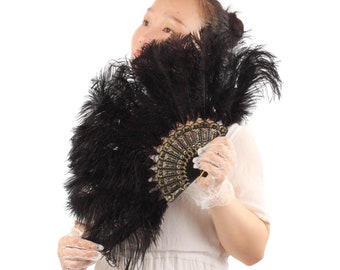 Vintage Style Folding Handheld Ostrich Feather Fan 1920s Flapper Accessories (Black)