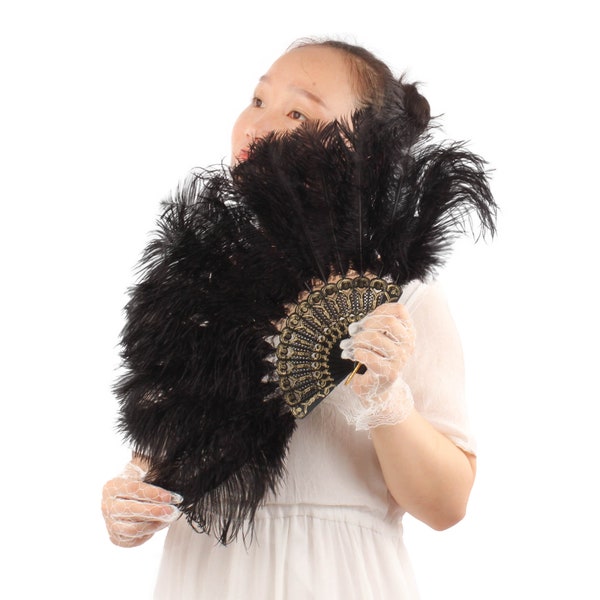 Vintage Style Folding Handheld Ostrich Feather Fan 1920s Flapper Accessories (Black)