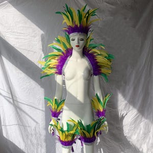 May include: A purple, green and yellow feather costume set with a headpiece, shoulder pieces and arm cuffs. The costume is made of feathers and has a sparkly silver trim.