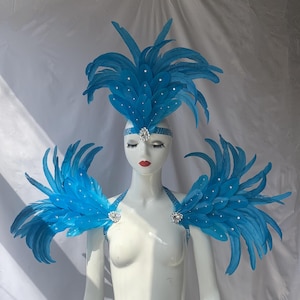 Lake Blue Carnival Feather Headpiece/Crystals Headpiece/custom carnival headdress/Crystals Shoulder