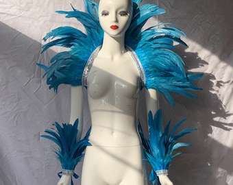 Lake Blue Feather Shawl: Sequin Carnival Costume, Feather Ankle Cuffs