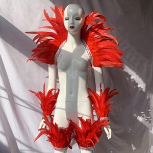 Peut inclure: Un mannequin présente un costume de plumes rouges. Le costume comprend un col en plumes, des manchettes et des jambières, tous ornés de strass argentés. Les plumes sont d'un rouge vif.