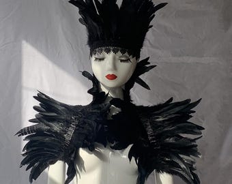 Black Feather Halloween Costume Set: Shrug, Wrist & Ankle Cuffs