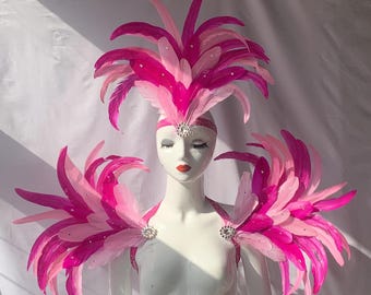 Rosa Feder Karneval Kopfschmuck mit Kristall Schulterstücken