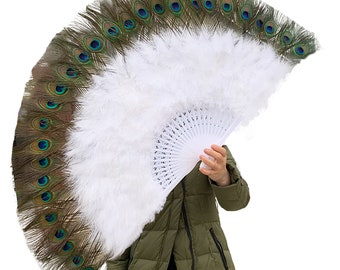 Grande Leque de Penas de Pavão e Marabu: Decoração de Parede (100 x 55 cm)