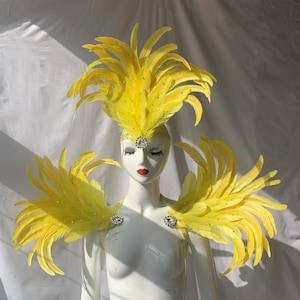 Yellow Carnival Feather Headpiece/Crystals Headpiece/custom carnival headdress/Crystals Shoulder