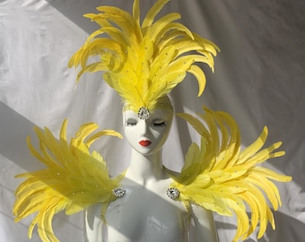Gelber Karneval Feder Kopfschmuck/Kristall Kopfschmuck/benutzerdefinierte Karneval Kopfschmuck/Kristall Schulter