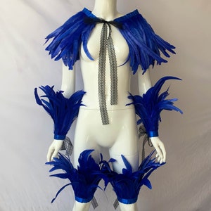 Couleur 4 tons, châle en plumes bleu showgirl, haussement d'épaules en plumes pour costume de carnaval, chaîne en plumes de coq, haut en plumes image 5