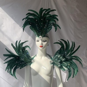 Deep Green Carnival Feather Headpiece/Crystals Headpiece/custom carnival headdress/Crystals Shoulder