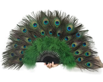 65*35cm Two Side Peacock Feather Hand Fans/Olive Green Peacock Feather Fan/Wedding Bridal Hand Fans