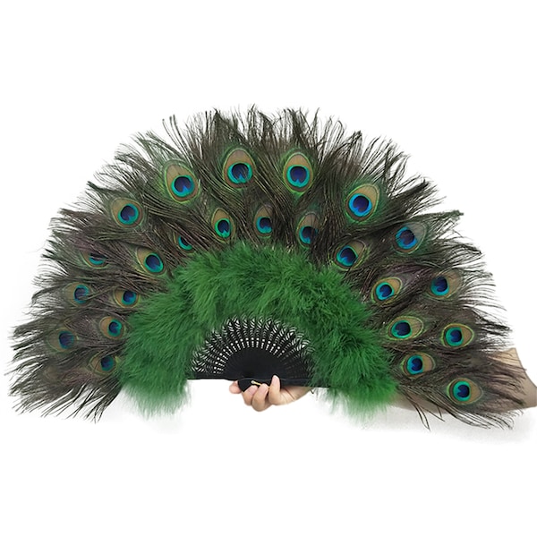 Éventails double face en plumes de paon 65*35 cm/éventail plumes de paon vert olive/éventails mariage nuptiale