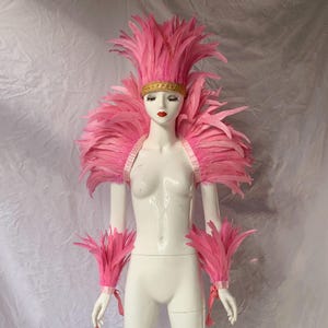 May include: A mannequin showcases a bright pink feather costume. The outfit comprises a headdress, shoulder piece, and wrist cuffs, all decorated with abundant feathers. A gold band embellishes the headdress. The costume is suitable for performances or themed occasions.