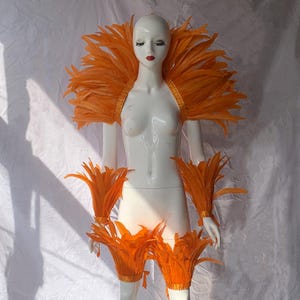 May include: Orange feather costume with a large shoulder piece and two smaller arm pieces. The costume is made of feathers and is worn by a mannequin.