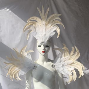 Coiffe de plumes de carnaval blanc/coiffe de cristaux/coiffe de carnaval personnalisée/épaule de cristaux