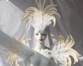 Adereço de cabeça de penas de carnaval branco/Adereço de cabeça de cristais/Cocar de carnaval personalizado/Ombro de cristais