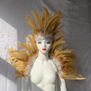 May include: A golden feather headdress and shoulder piece with a sparkly headband. The headdress is made of large, fluffy feathers and the shoulder piece is made of smaller feathers. The headband is decorated with rhinestones.