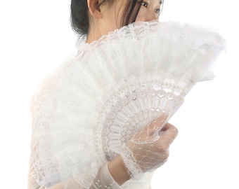 White Pearl Lace Bridal Fans,Bejeweled Hand Fans,Bride&#39;s Maid Hand Fan