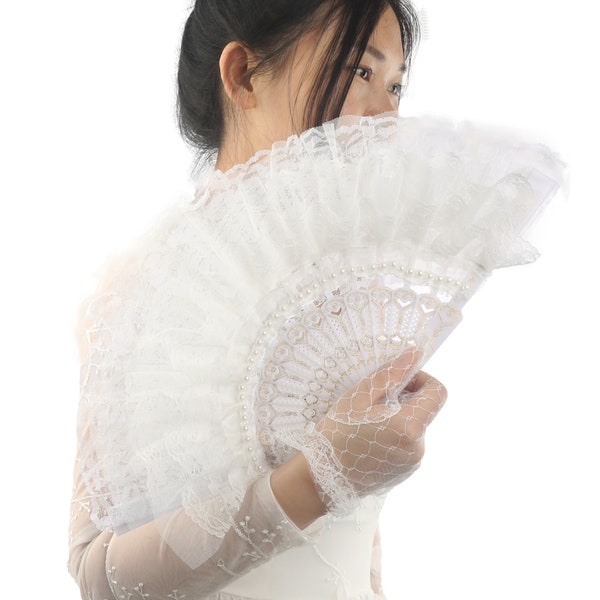 White Pearl Lace Bridal Fans,Bejeweled Hand Fans,Bride's Maid Hand Fan