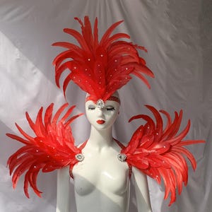Red Carnival Feather Headpiece/Crystals Headpiece/custom carnival headdress/Crystals Shoulder