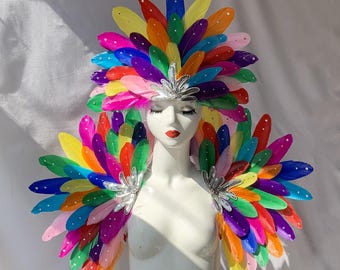 Enfeite de cabeça de penas coloridas de carnaval/enfeite de cabeça de cristais/enfeite de cabeça de carnaval personalizado/ombro de cristais