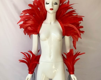 Châle plumes rouges 4 tons, châle plumes showgirl, manchette plumes pour costume de carnaval, chaîne en plumes de coq, haut en plumes