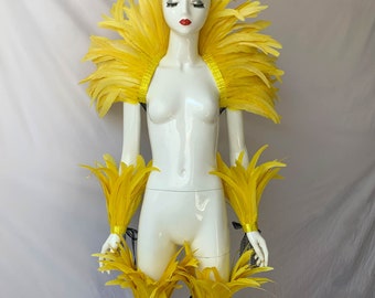 4-tone gele veren omslagdoek, Showgirl veren omslagdoek, carnaval kostuum veren enkel manchet, haan veren warp, veren top