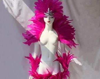 Adereço de cabeça de penas de carnaval rosa choque/Adereço de cabeça de cristais/Cocar de carnaval personalizado/Ombro de cristais