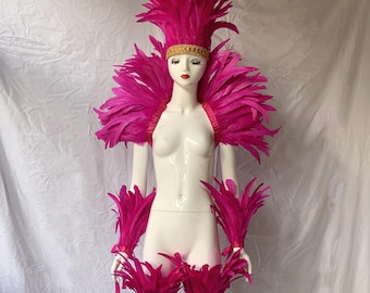 Hot Pink Rooster Feather Shawl: Showgirl Carnival Costume Cuffs