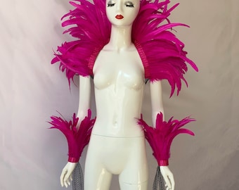 4-tone Hot Pink Feather Shawl, Showgirl Feather Shawl ,Carnival  Costume Feather Ankle Cuff,Rooster Feather Warp,Feather Top