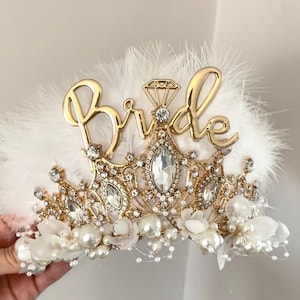 Bride to Be Hen Party Crown in Gold and White, Extravagant Bride Feather Headband with Rhinestone & Faux Pearl details image 1