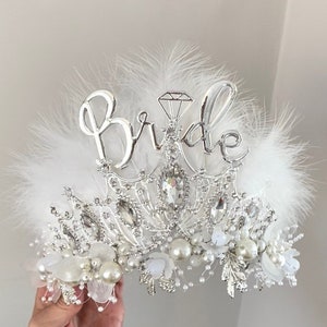 Bride to Be Gift Hen Party Crown in Silver & White, headpiece for Bride / Bachelorette Rhinestone Feather Faux Pearl Party Headband