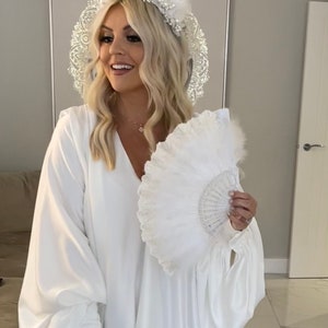 White and Gold detailed Feather Fan, the Perfect accessory for pairing with Our Crown or Headband
