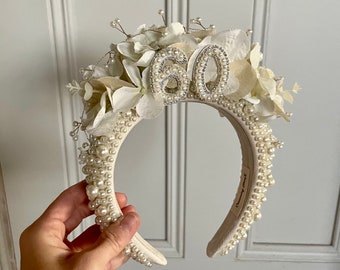 Beautiful Birthday Headband in Gold and Cream with Rhinestone & Faux Pearl Number details