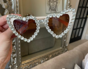 Large Rhinestone detailed heart sunglasses, in Light Beige, perfect pairing for hen party and hen do