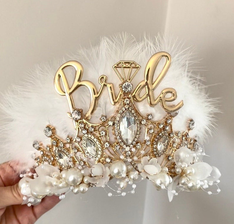 Bride to Be Hen Party Crown in Gold and White, Extravagant Bride Feather Headband with Rhinestone & Faux Pearl details image 1