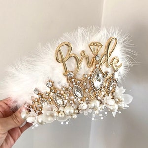 Bride to Be Hen Party Crown in Gold and White, Extravagant Bride Feather Headband with Rhinestone & Faux Pearl details image 2