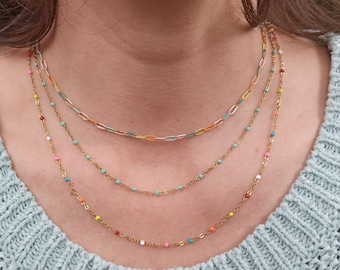 Enamel Beaded Satellite Necklace, Stainless Steel Rosary Chain